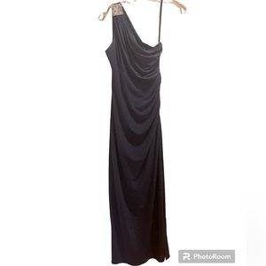 Betsy & Adam Dark Gray One Shoulder Formal Gown